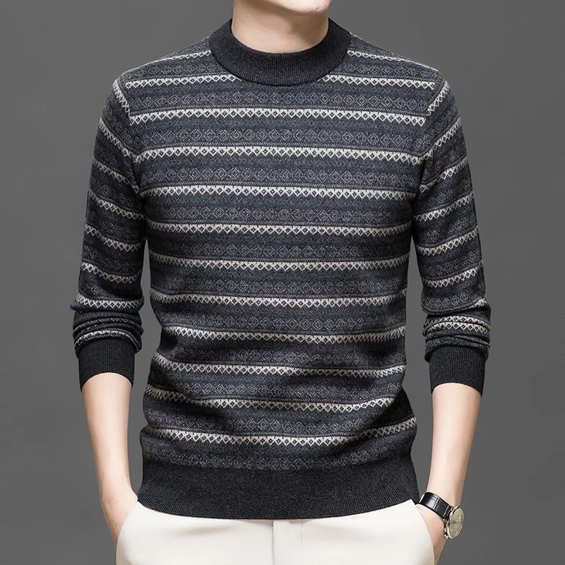 Men's 100% wool sweater semi high neck knitted casual versatile autumn winter fashionable color matching long sleeved pullover