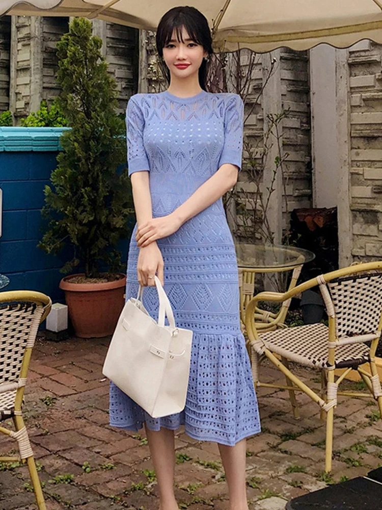 

New Arrival Fashion Sets For Women Temperament Autumn Sexy Hollow Out Knitting Bouncy Bodycon Mermaid Dress Two Piece Sets