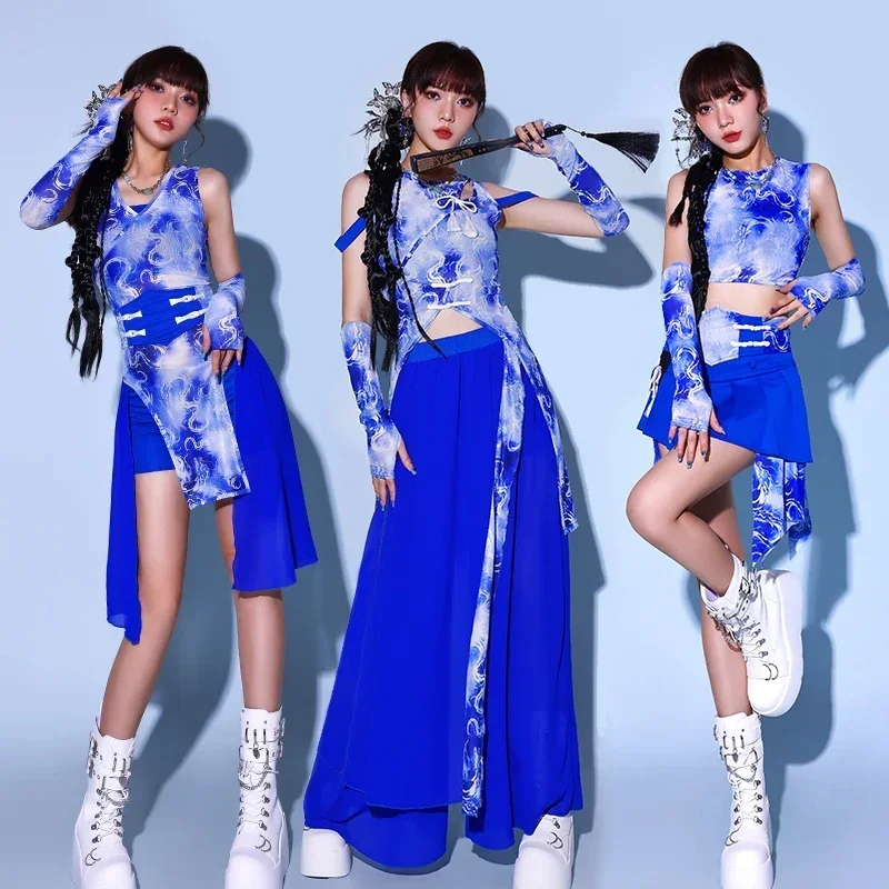 2024 Chinese Style Jazz Dance Performance Costumes For Women Group Gogo Dancers Outfits Blue Kpop Clothing Stage Wear DQS16401