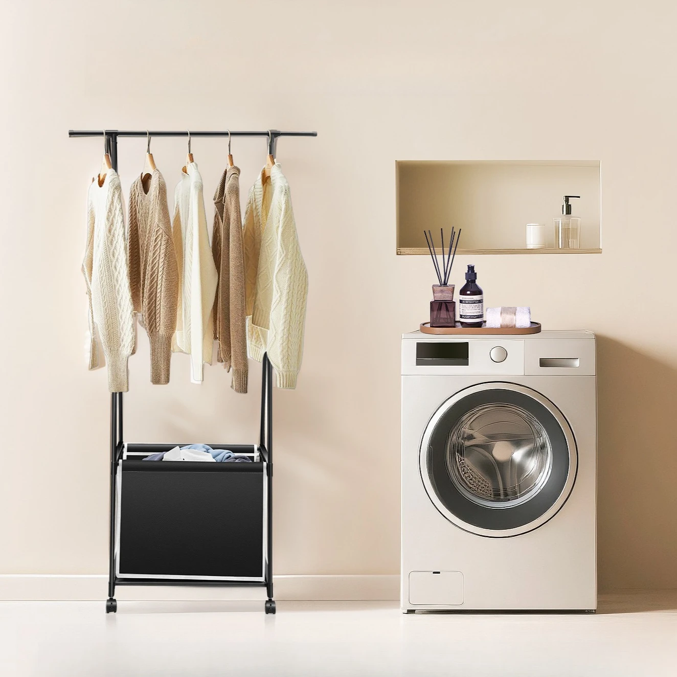 

1 стальная вешалка премиум-класса на колесиках — вешалка для одежды с колесами для спальни, прачечной — 4 универсальных колеса (2 тормоза), нагрузка 33 фунта