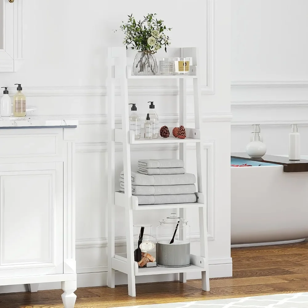 

4-Tier Ladder Shelf, Bathroom Shelf Freestanding, 4-Shelf Spacesaver Open Wood Shelving Unit, Ladder Shelf (White)