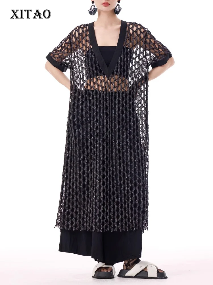 

XITAO Mesh Hollow Out V-neck Half Sleeve Dress Casual Solid Color Elegant Personality Temperament Summer Female Dress GYX1505