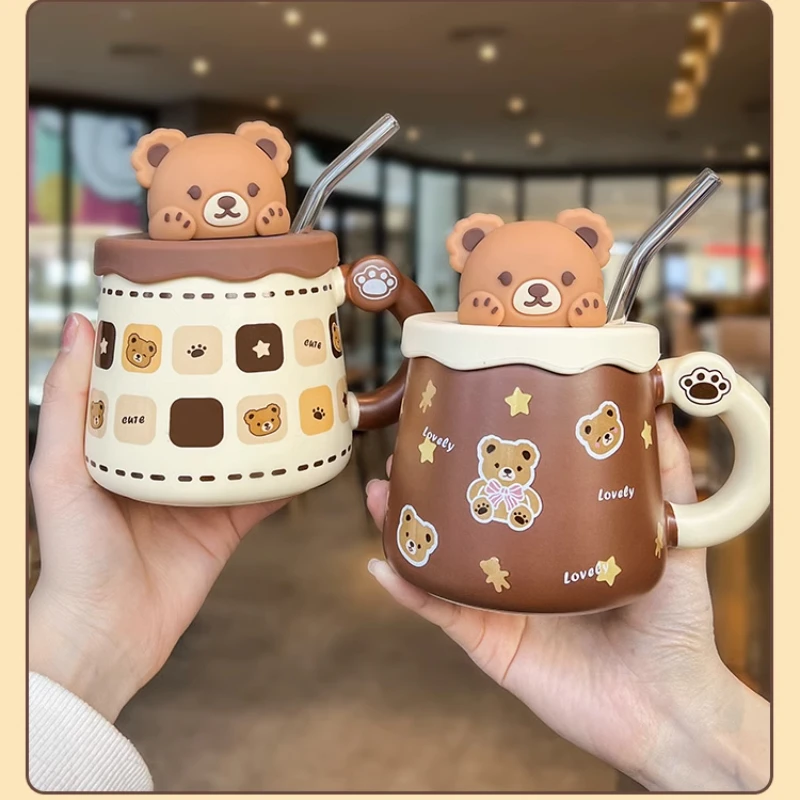 

Cute Ceramic Mug with Lid Spoon Breakfast Milk Juice Cup Creative Bear Coffee Cup Home Office Couple Water Cup with Straw 450ml