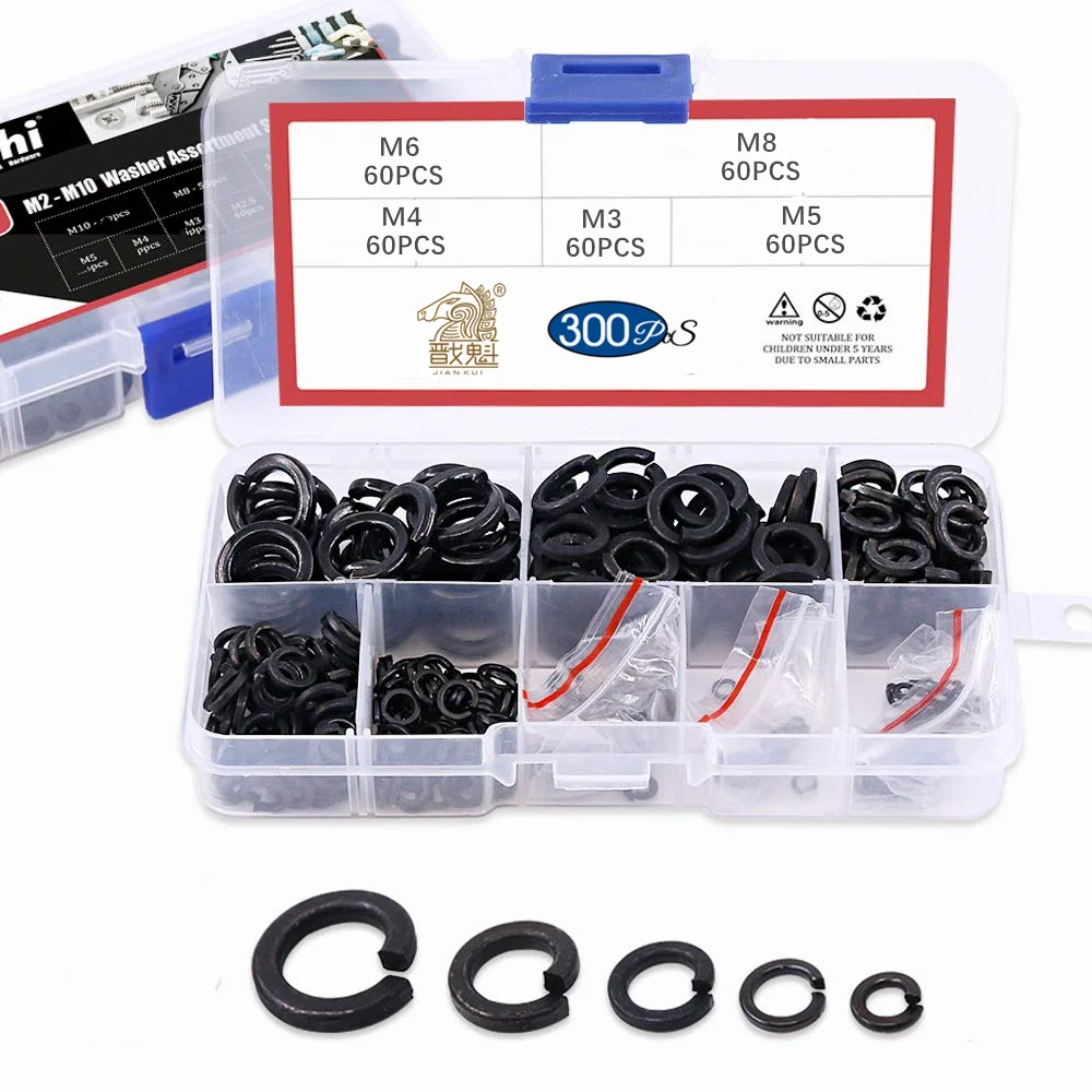 300Pcs Spring Lock Washer Assortment Kit Black Zinc Plated Alloy Steel 5 Sizes- M3 M4 M5 M6 M8 spring lock washer assortment kit