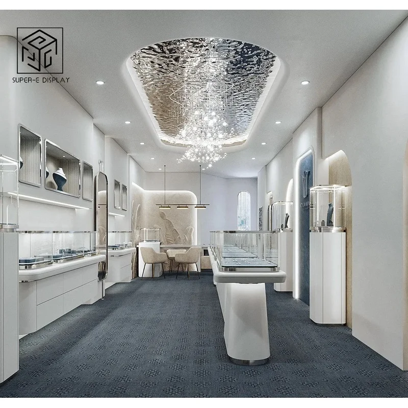 custom.Luxury 3D Rendering Interior Design Jewelry Shop LED Lighting Display Showcase Wall Shelf Cabinet Storage