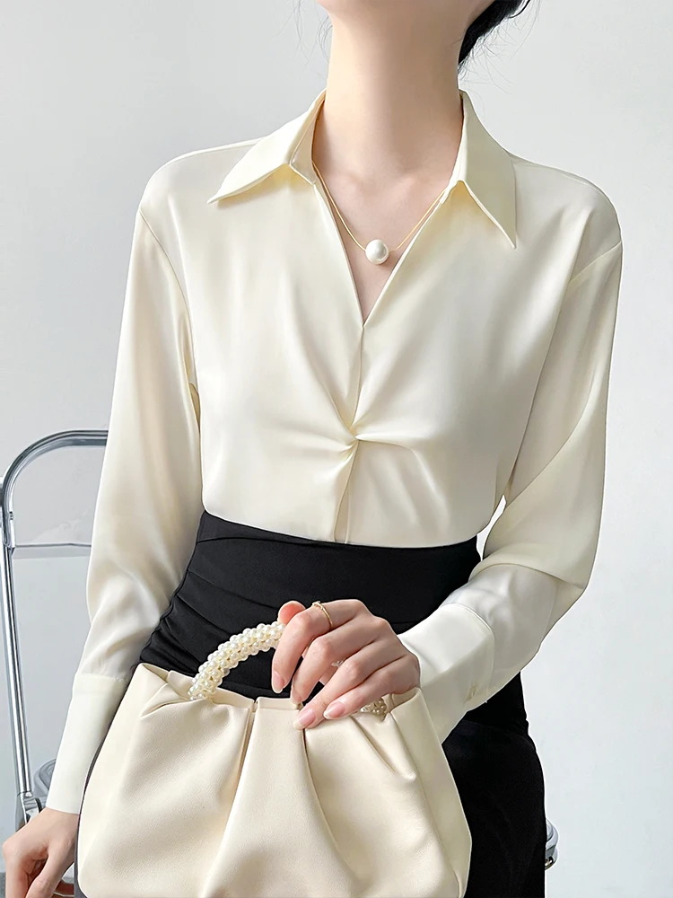 

Ele Long Sve Silk irt Women's Commute Profional Charming Twist Design Sense Top Korean Sle Collar Button D...