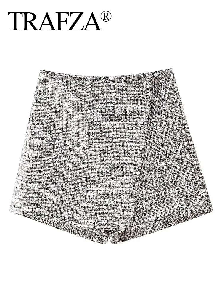 

TRAFZA Women Summer New Fashion Wool Textured Asymmetrical Skirts Female Elegant Sexy Gingham Casual Zipper Street Shorts Skirt