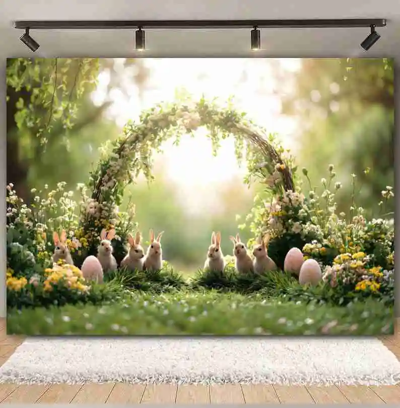 Happy Spring Easter Photography Backdrop Colorful Eggs Arch Door Flowers Garden Rabbit Child Birthday Party Background Decor