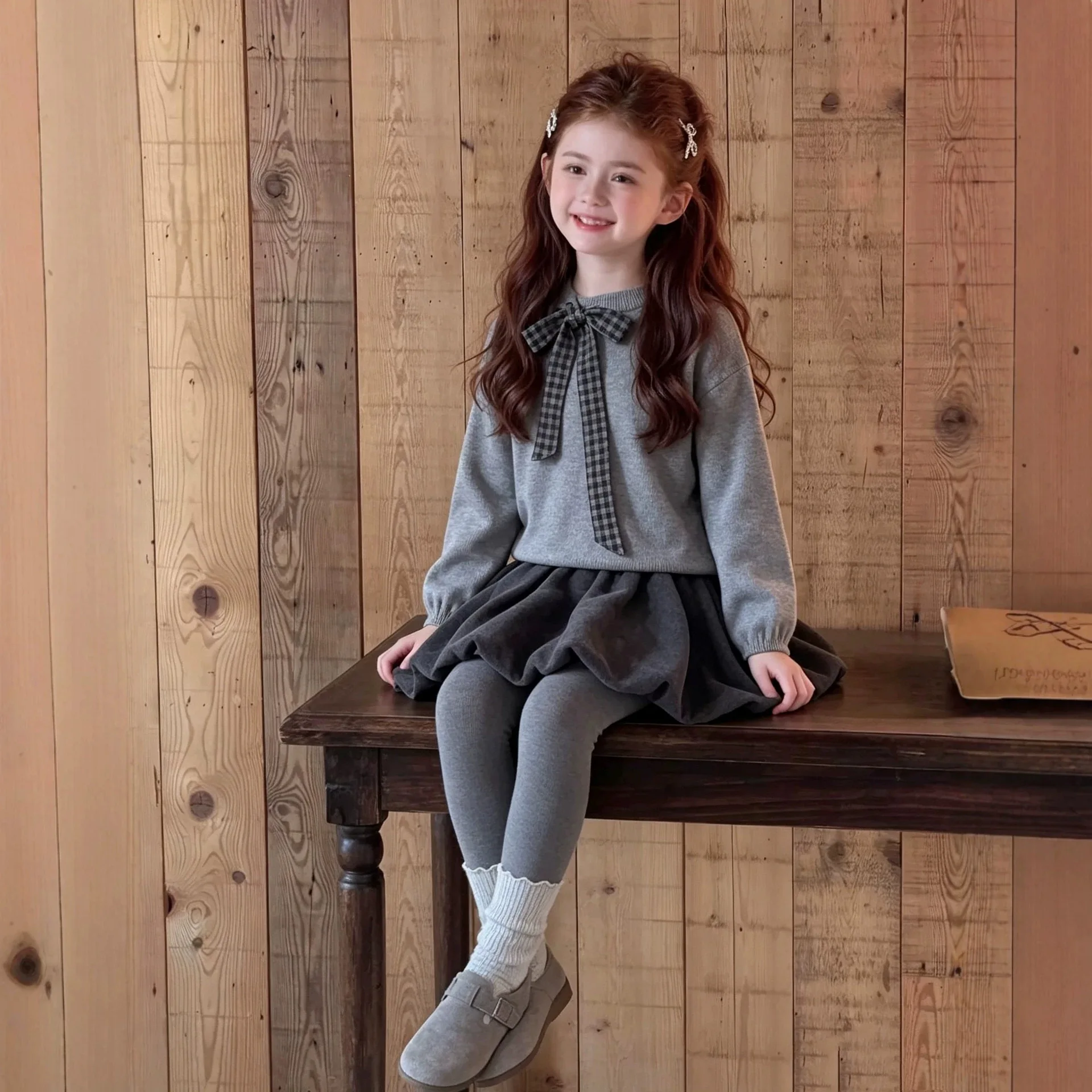 Girls Sweater Skirt Fall New Medium Large Bow Knot Knit Top Korean Bubble Skirt 2026 Grey Childrens Wear