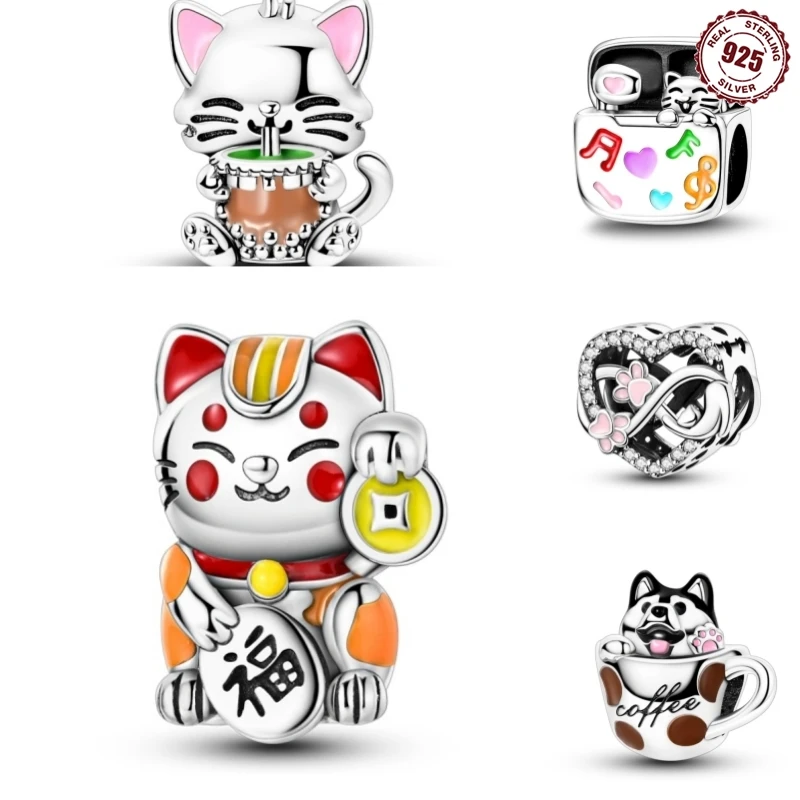 2025 Charms 925 Original Bracelets Cat Dog series Pet bluetooth headset Sterling Silver 925 Charms Beads Fine DIY Jewelry Making