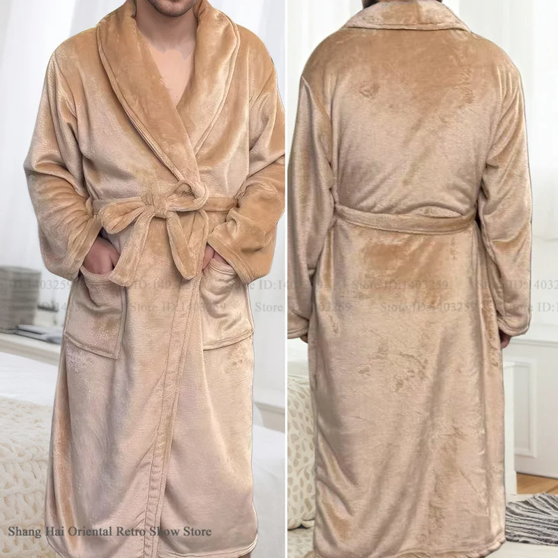 Winter New Flannel Men's Long Robe Loungewear Thicken Warm Soft Bathrobe Kimono Gown Homewear Coral Fleece Nightwear Lingerie