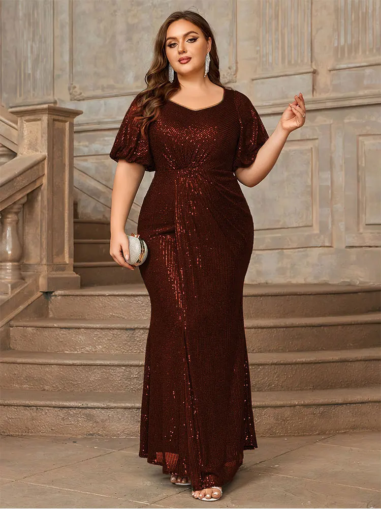 Round Neck Sequin Short Sleeve Slim Evening Gown 4XL 5XL Big Size Dark Green Long Banquet Evening Gown for Women Dresses