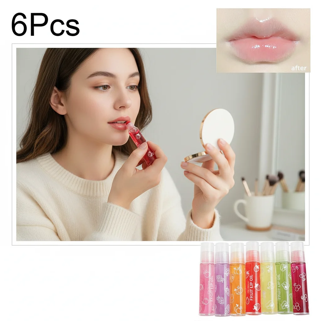 6 Farben Roll-on Fruit Essence Lippenbalsam, Lippenöl, feuchtigkeitsspendender Spiegelgrundierung, Lippenlippenstift, feuchtigkeitsspendend, zufälliger Glanz, transparent
