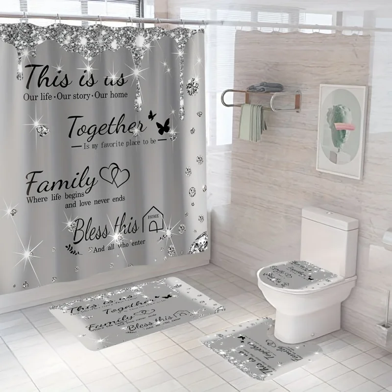 Luxury Grey 4PCs bathroom set: sparkling diamond letter print shower curtain with non-slip mats, toilet lid cover-waterproof & M