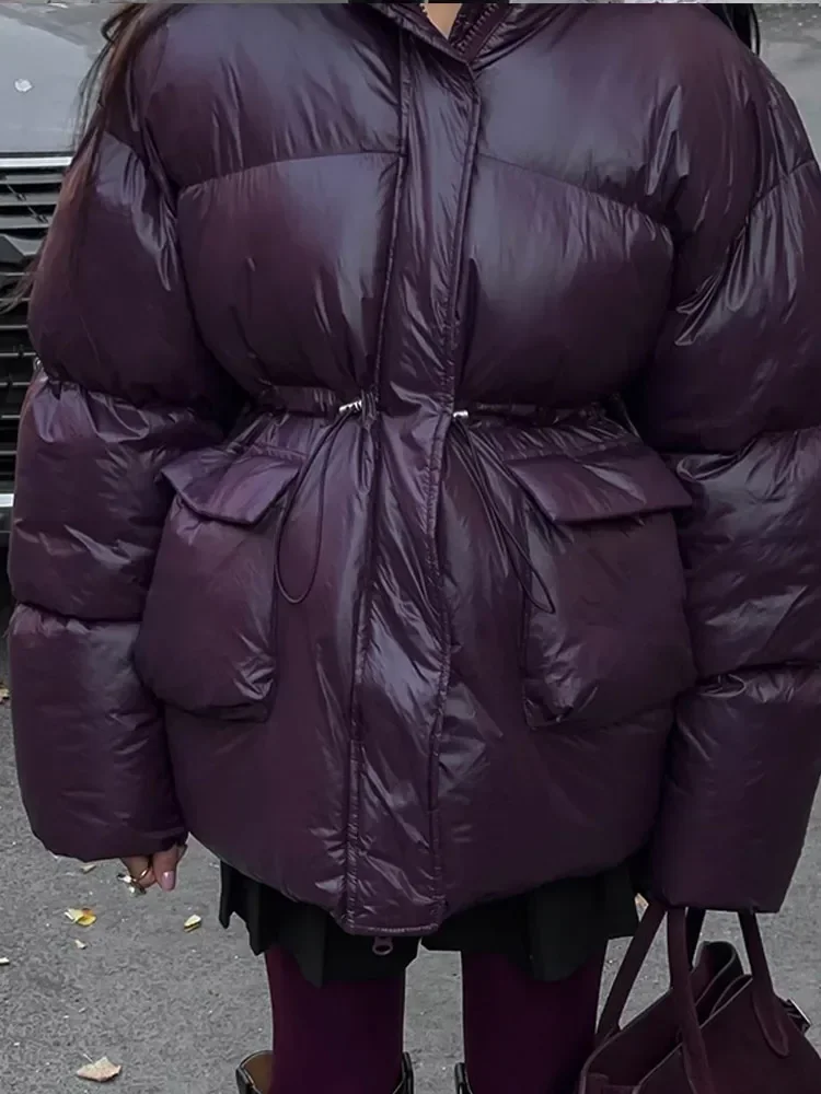 Chaqueta de algodón cálida para mujer, abrigo elegante con cuello levantado y cordones con bolsillo y cremallera, prendas de vestir exteriores de calle a la moda para invierno