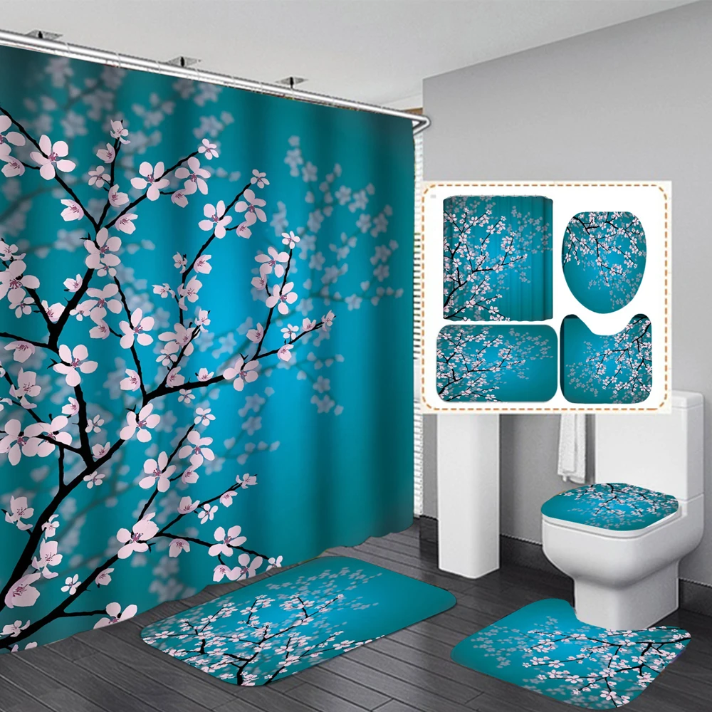 Japanese Cherry Blossom Shower Curtain Set Non-Slip Rug Toilet Lid Cover Bath Mat Spring Sakura Flower Pastoral Bathroom Curtain