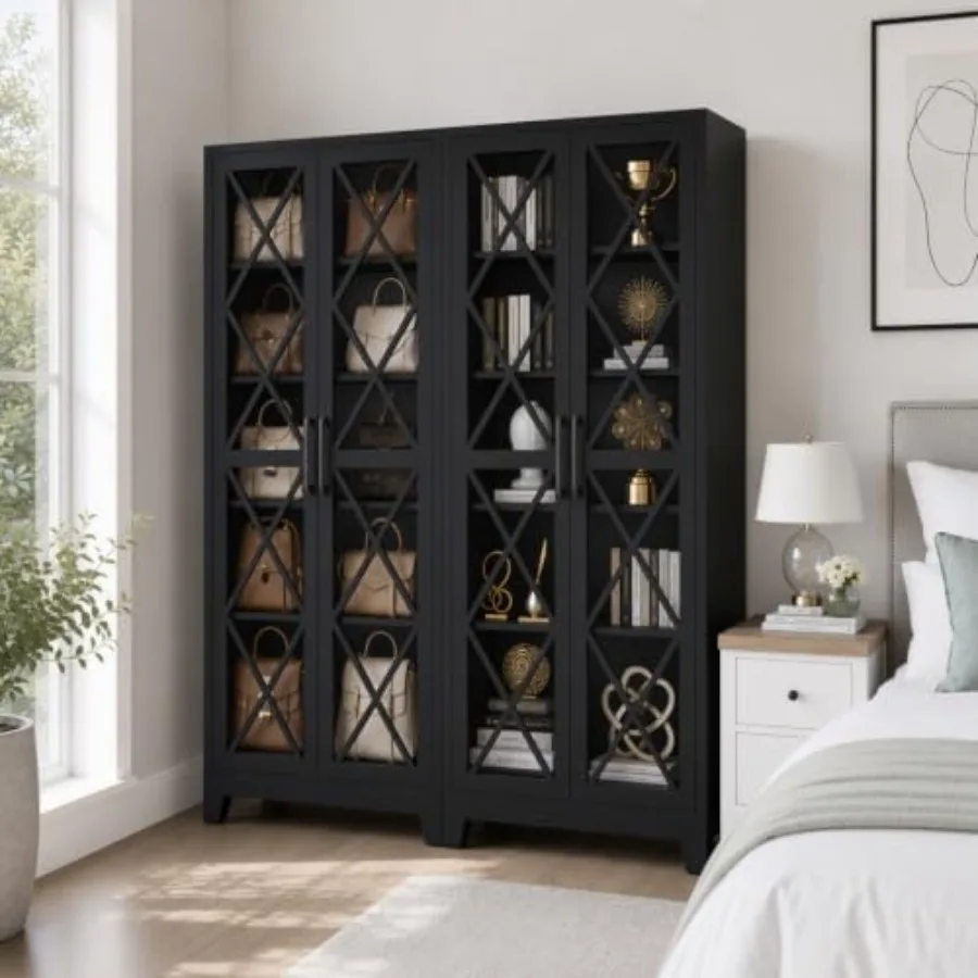 71 H Glass Display Cabinet for farmhouse use, metal construction, black finish, adjustable shelves and vintage-style hardware view 6