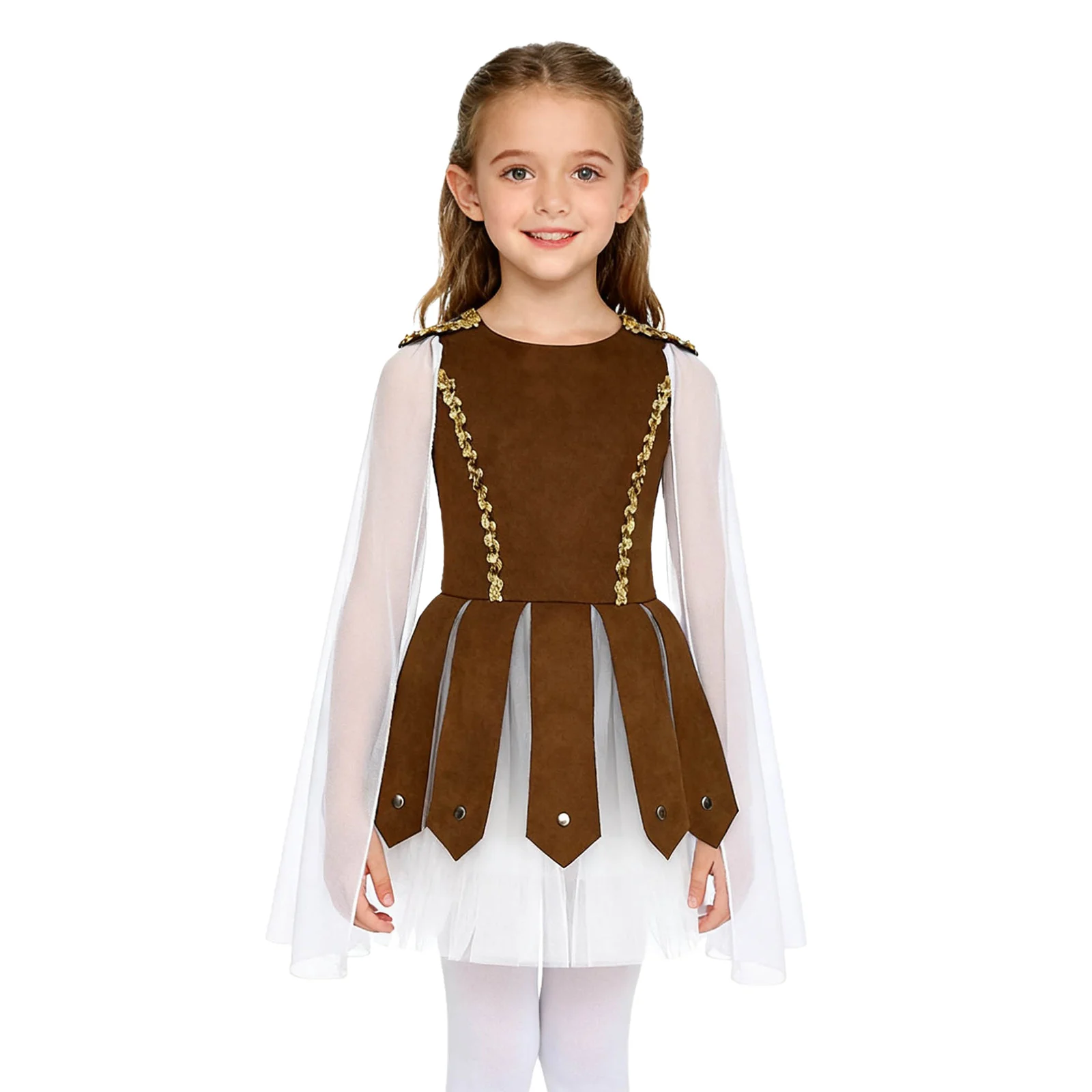 

Kids Girls Halloween Party Roman Soldier Gladiator Cosplay Costume Shiny Sequins Flying Sleeve Built-In Crotch Dress Carnival