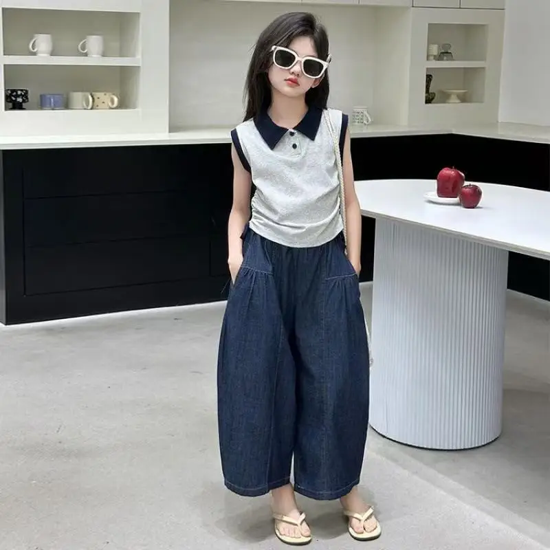 

5-14Y Girls' Spring Autumn Set 2025 New Fashion Big Children's Spring Wear Dopamine-spray Color Denim Two-piece Trend 120-170cm