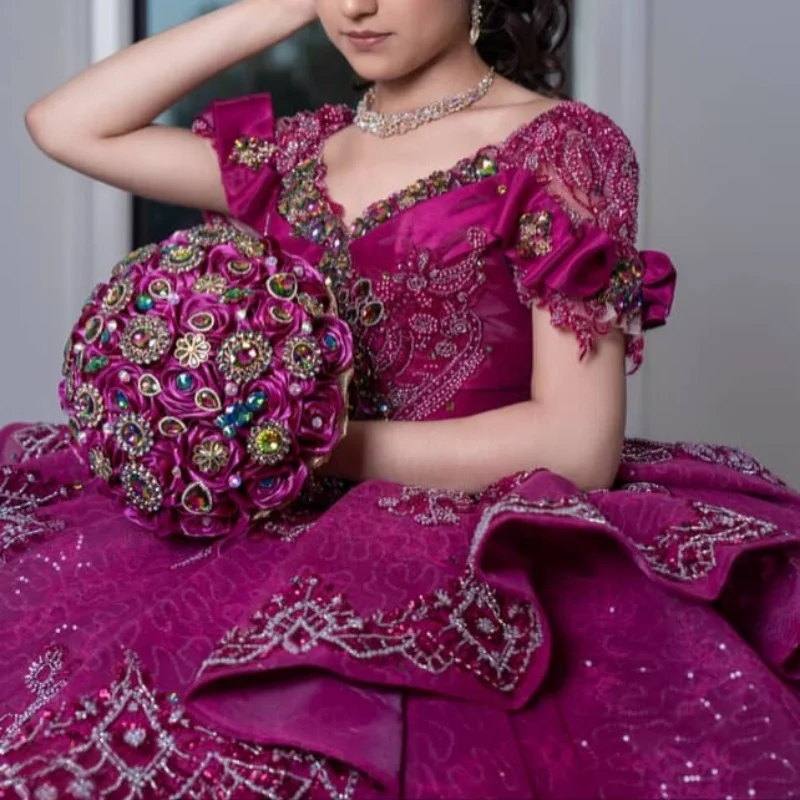 

Shiny rose pink Quinceanera Dress luxury glitter crystal Decal Long tail Lace layering Bow Vestidos De 15 Quinceanera ﻿Customiz