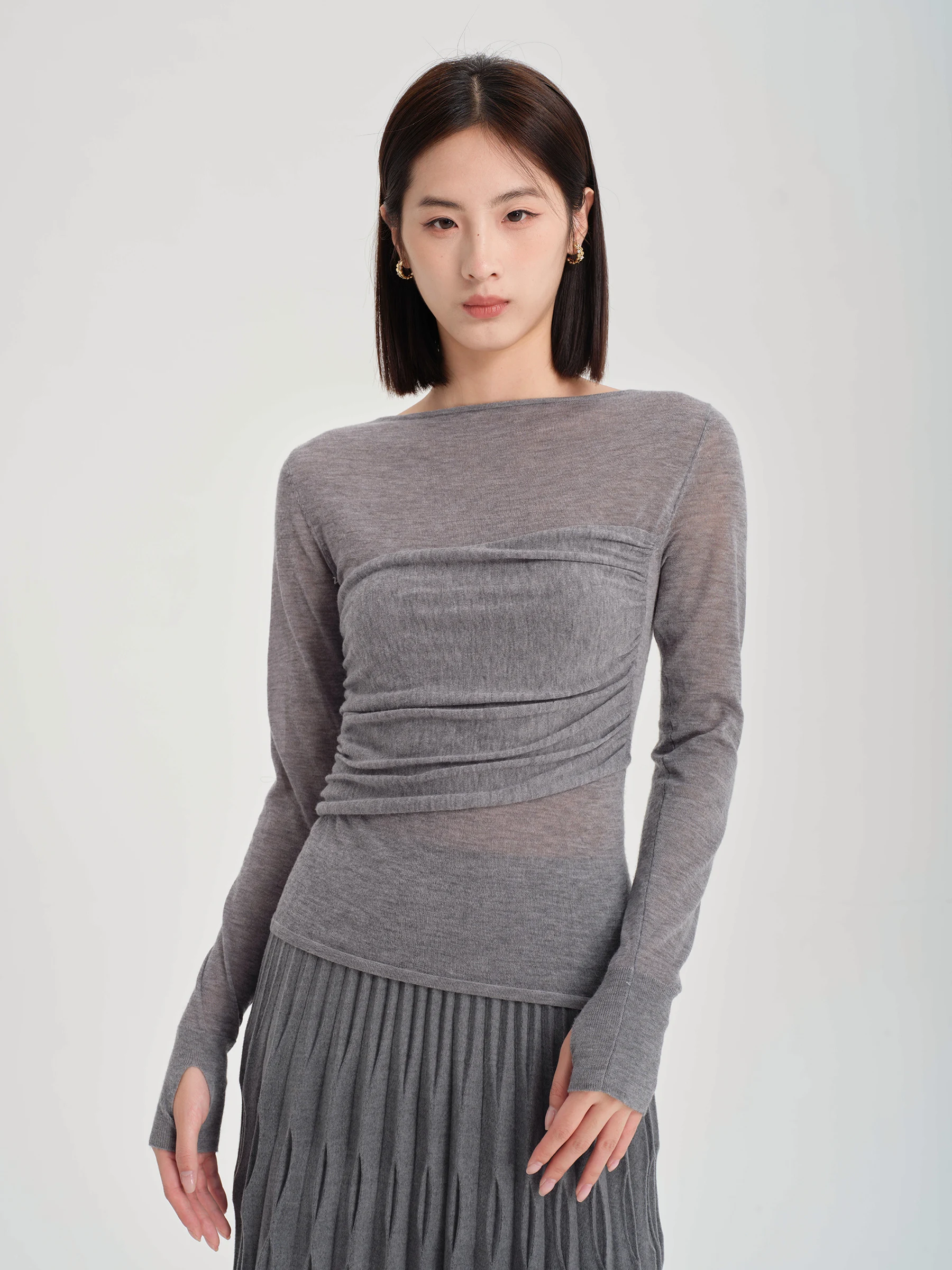 

WGM mat Water-Soluble Wool Blend Base irt Translucent Thin Fake Two-Piece Pleat One-oulder Yoga Casual Office Wear