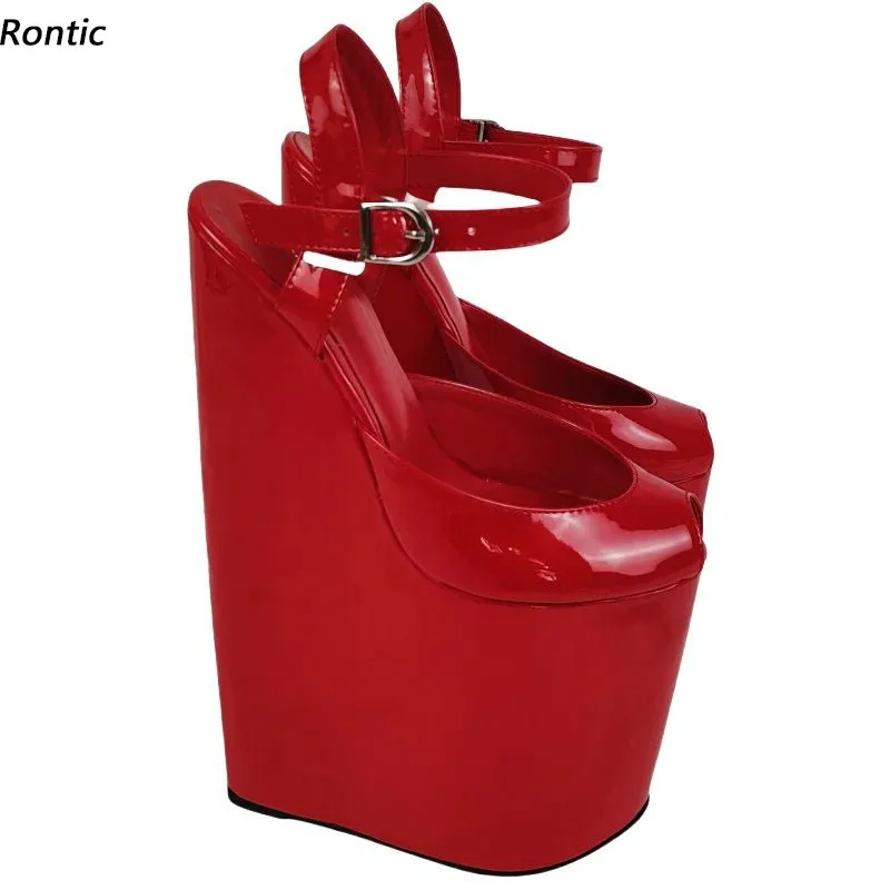 Rontic Women Summer Platform Sandals Ultra High Wedges Heels Peep Toe Gorgeous Red Party Shoes Ladies US Plus Size 4-15