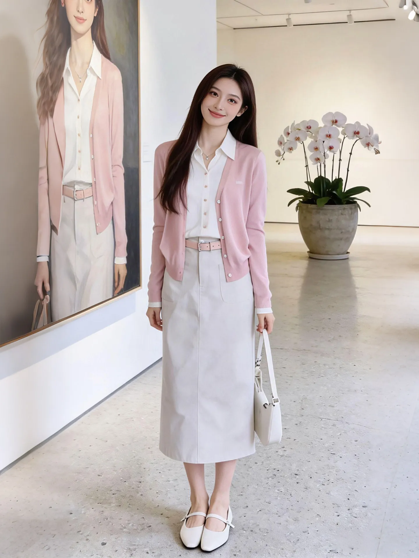 

Spring 2026 Pink Knitted Open Cardigan And Beige Skirt Slimming Fashion Set Casual Breathable Long Sleeve V-Neck Suit