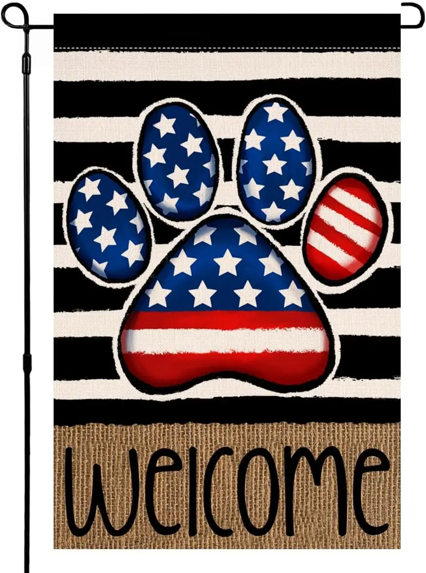 BLKWHT 4th of July Garden Flag 12x18 Vertical Double Sided Patriotic Cat Paw Memorial Day Independence Day Farmhouse Outside Dec