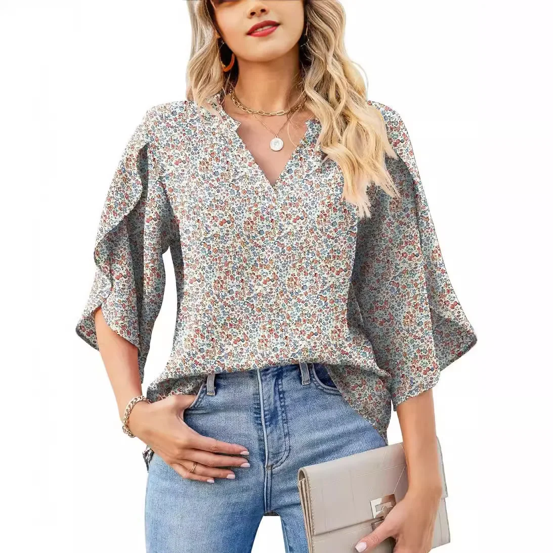 2024 Autumn New Women\'s Shirts V-Neck Printed Leopard Chiffon Shirt Petal Sleeves Top Blusas