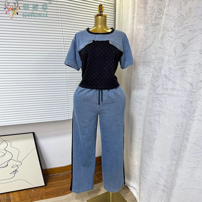 

Новинка 2026: Модный джинсовый комплект для женщин — топ с коротким рукавом и широкие джинсы в стиле пэчворк, летний костюм Y2K с цветовыми блоками