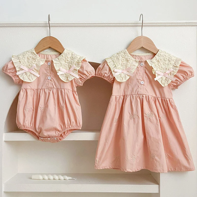 Baby Girls Clothes Summer Sisters Dress Kids Sweet Embroider Bow Lace Sisters Rompers Kids Baby Girls Children Clothes Dress