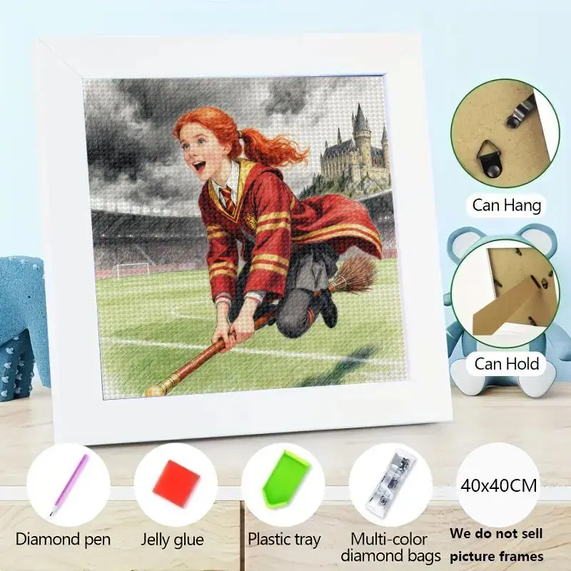 1 unidad 5D DIY Kit de pintura de diamante de taladro completo, Harry Potter Quidditch Ginny Weasley palo de escoba volador escena de Castillo de Hogwarts, diamantes