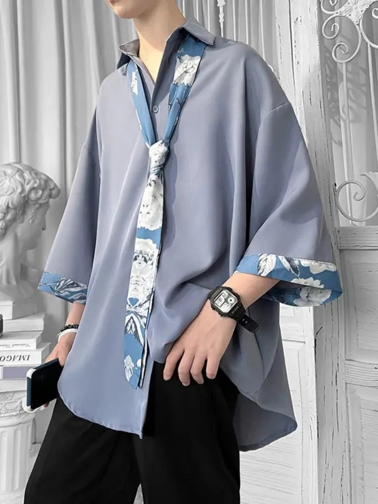 2025 New Fashion Oversized Shirts Men Vintage Three-quarter Sleeve Button Korean Blouse Tops with Tie Man