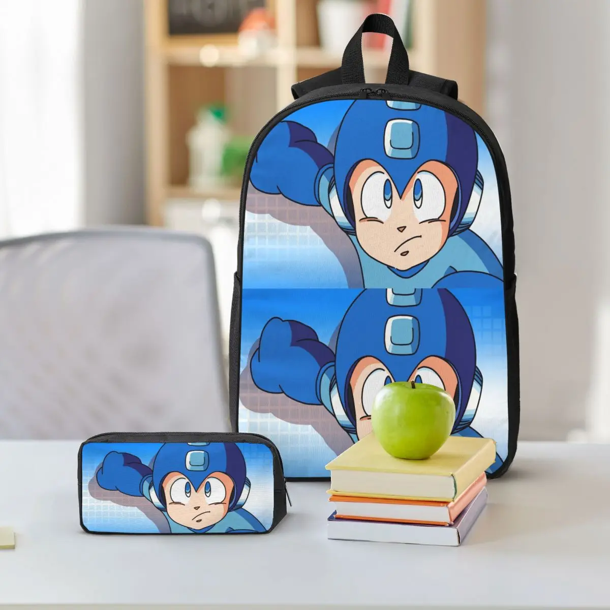 Megaman วิดีโอเกม Mega Man กระเป๋าเป้สะพายหลังชายหญิง BookBag กระเป๋าโรงเรียนกระเป๋าคอมพิวเตอร์ไหล่กระเป๋า 3 PS ถุงอาหารกลางวันฉนวนดินสอกรณี