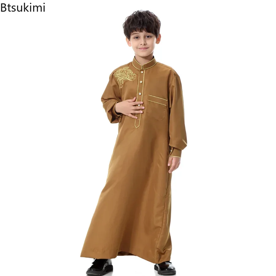 2025 niños musulmanes niños bata saudita Thoub Jubba Thobe Daffah vestido árabe ropa islámica Maxi vestido Abaya Ramadán Thawb Oriente Medio