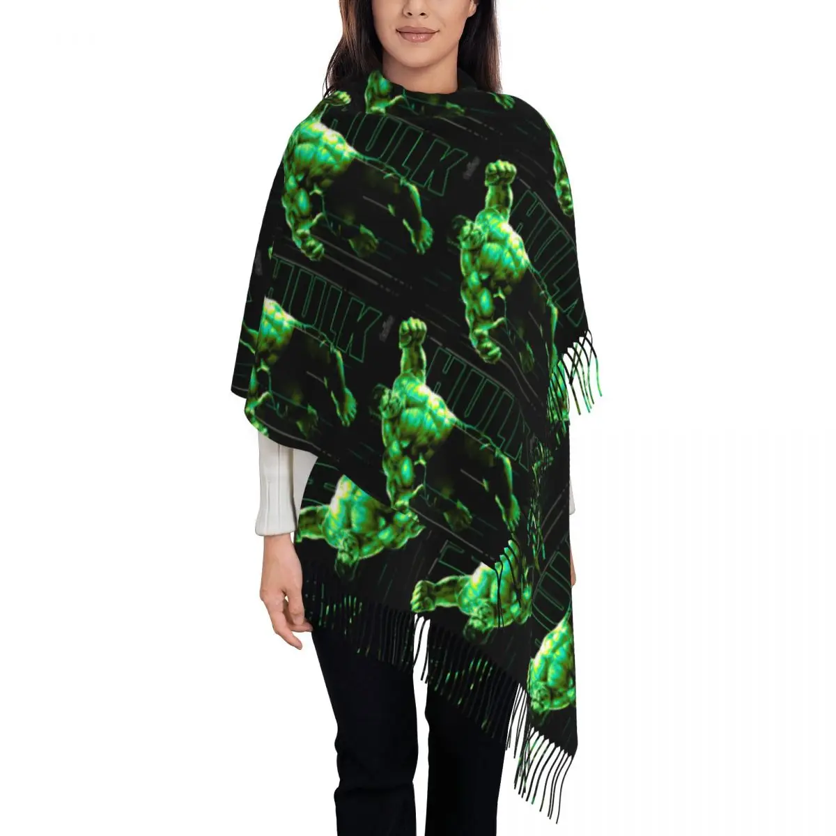 Custom Hulk The Incredible Glow Tassel Scarf Women Winter Warm Shawl Wrap Lady Scarves