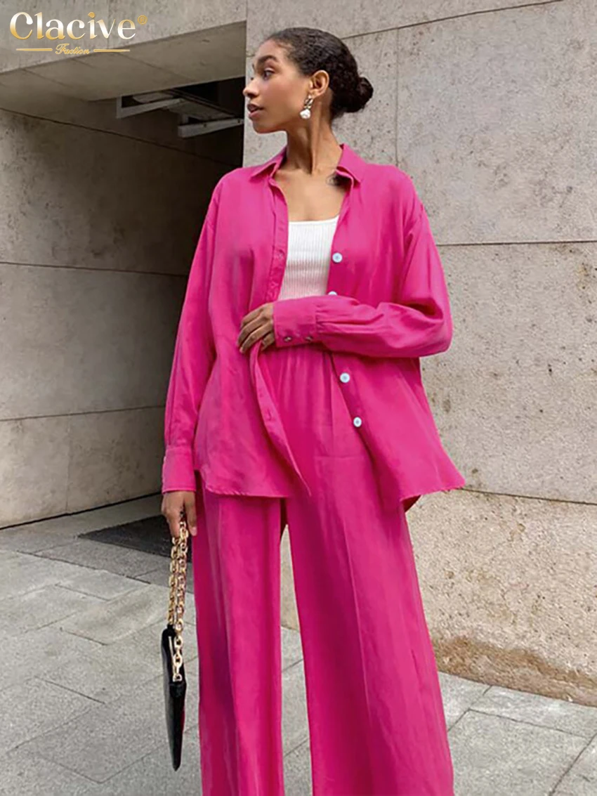 Clacive Autumn Casual Pink Women Sets Fashion Long Sleeve Blouse Shirts High Waist Pants Two Piece Set Wide Leg Trousers Suit