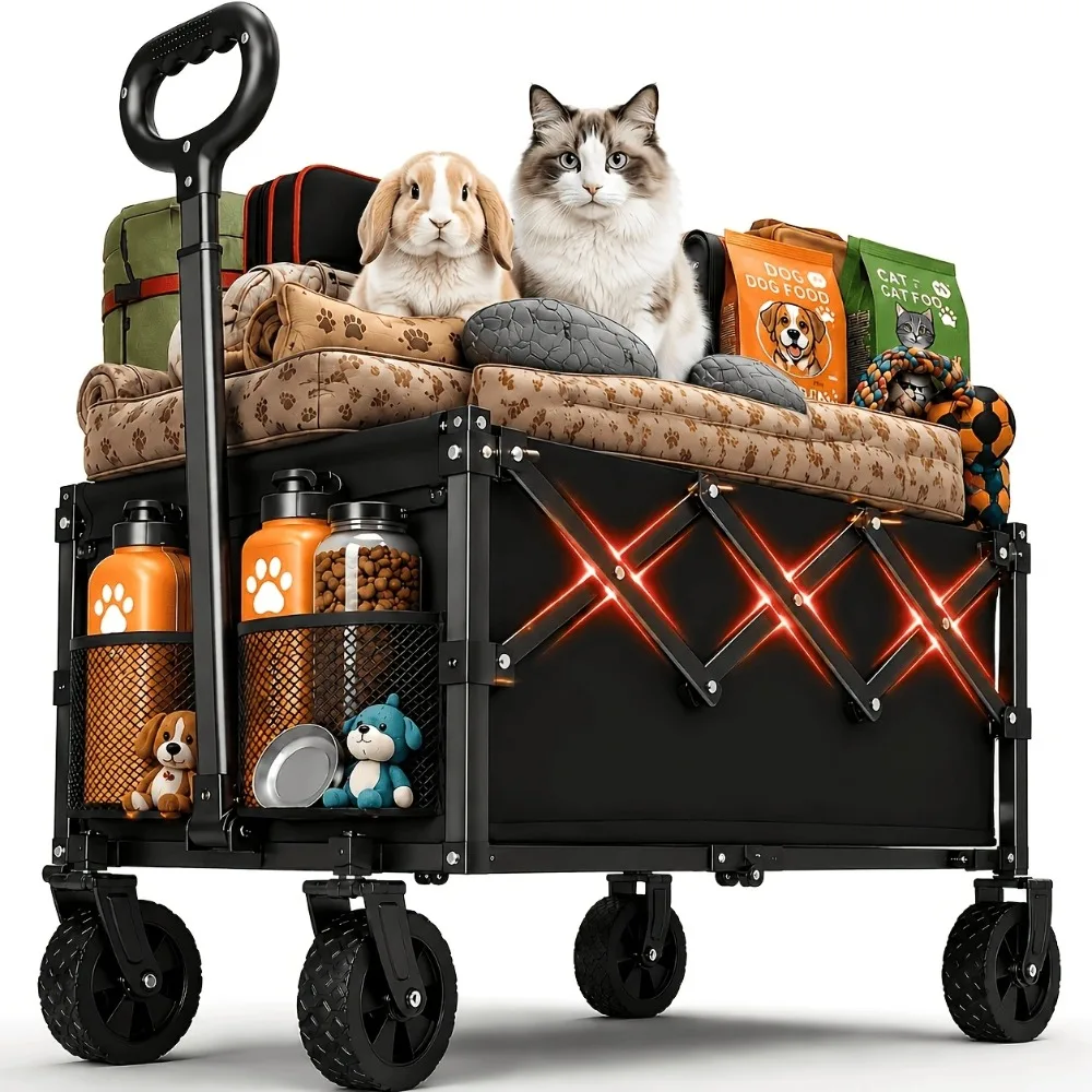 100L 120L Heavy Duty Foldable Pet Stroller for Cats Dogs High Strength Load Bearing All Terrain Wagon with Cup Holder for Beach Camping Shopping Black