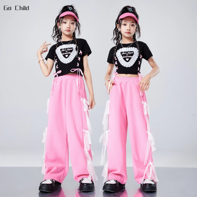 

Girls Hip Hop Love Heart Crop Top Bowknot Pink Cargo Pants Kids Sweet Street Dance Clothes Sets Children Streetwear Teens Outfit