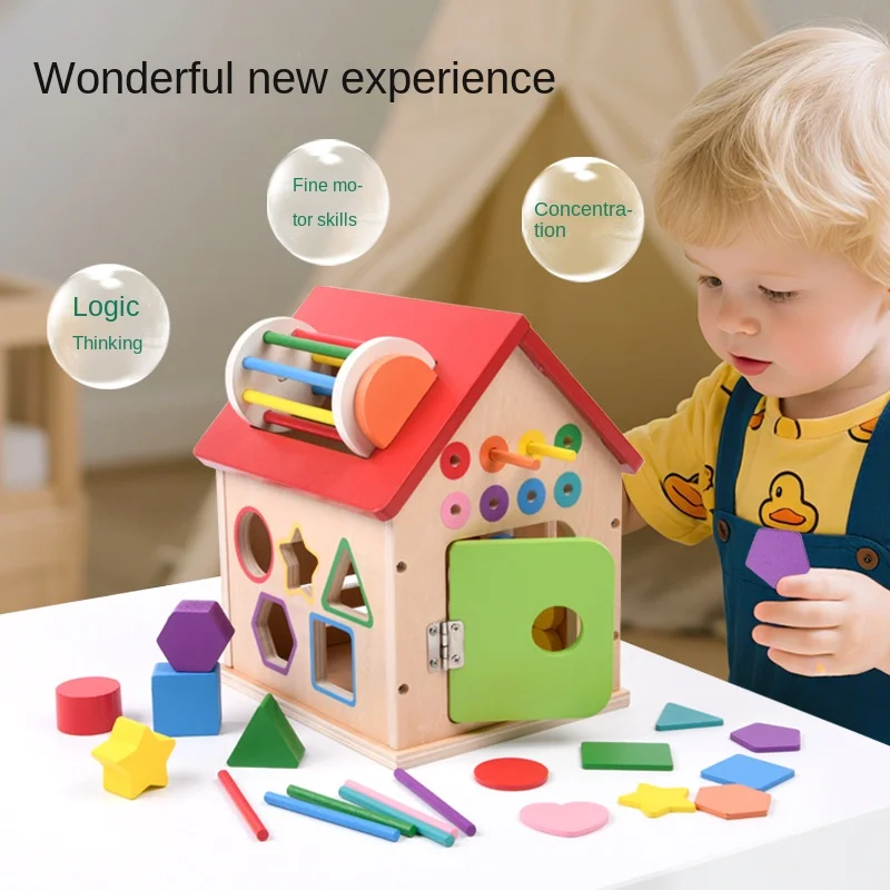 LazyChild Wooden Multifunctional Shape Matching House Early Education Educational All In One Disassembly House Children Toy