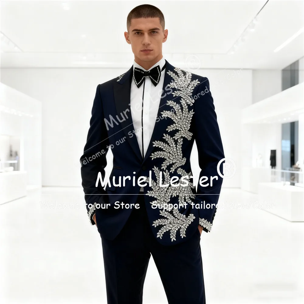 

Роскошный костюм с камнями из бисера для мужчин, однобортный пиджак для жениха, индивидуальный комплект из 2 предметов, мужские банкетные свадебные смокинги 2026