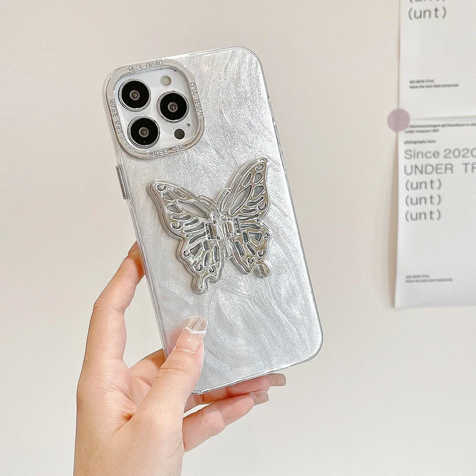 Electroplated Metal Butterfly Case for IPhone 15 14 13 12 11 Pro Max Plus Round Pearl Bracelet Anti Drop Case