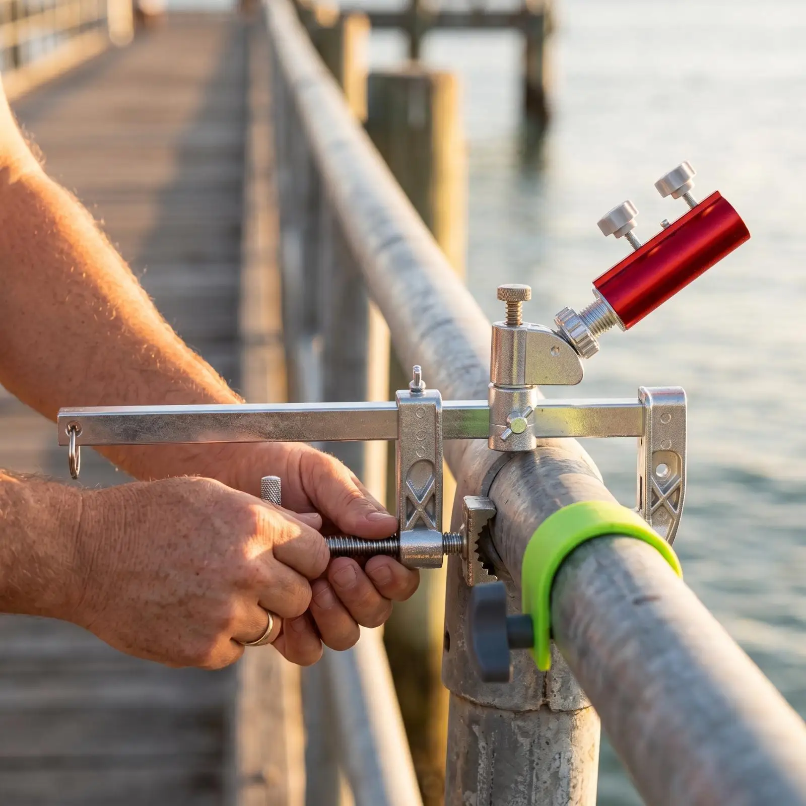 Bridge Fishing Rod Holder Clamp on Aluminum Alloy Double Rod Rest Adjustable Screw Grip for Round Tubes Rails Up to