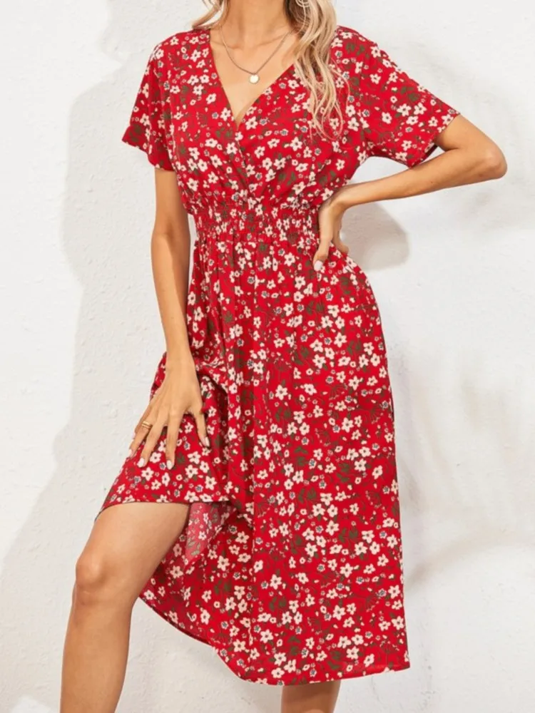 

Летнее платье с короткими рукавами и цветочным принтом, женское новое модное элегантное повседневное праздничное пляжное вечернее платье для женщин, халат Femmes