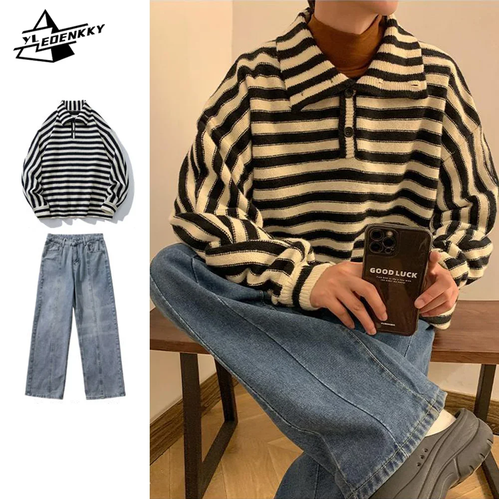 Autumn Casual Sets Men INS Striped Lapel Polo Sweaters High Street Straight-leg Slim Jeans Vintage Wide-leg Trousers Two-piece