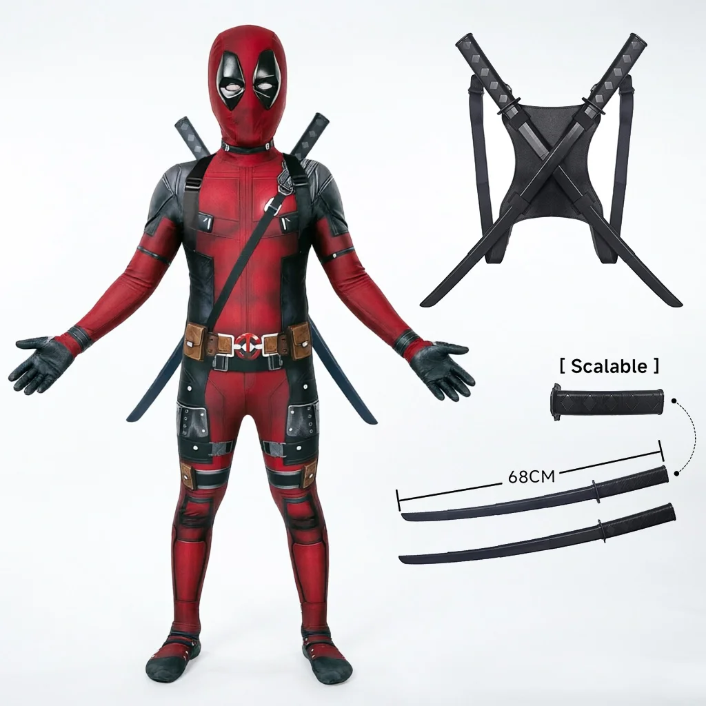 Deadpool Cosplay Costume Telescopic Sword Set Superhero Halloween Cosplay Deadpool Jumpsuit Birthday Christmas Clothing Gift