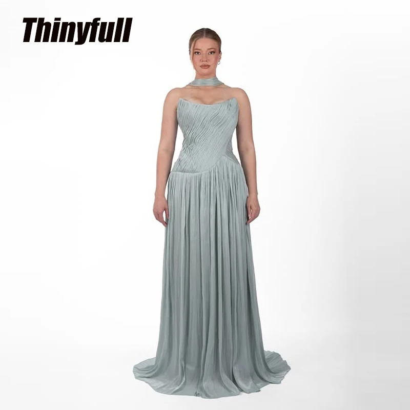 

Thinyfull A-line Arab Prom Dresses Strapless Sleeveless Shiny Satin Evening Gown Pleat Formal Dress robes de soirée Customized