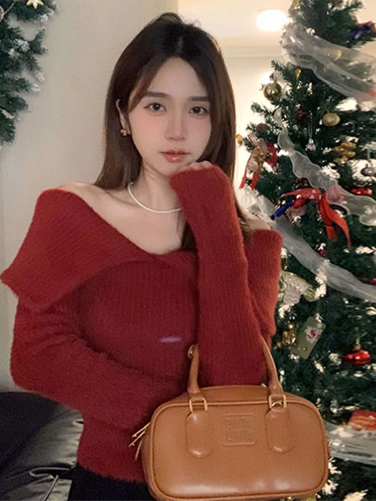 

Ladies' Knitted One-oulder Top Lazy Sle Red Sweater Spring Early 2026 New Faion Sensation Ele Korean Sle Winter W...