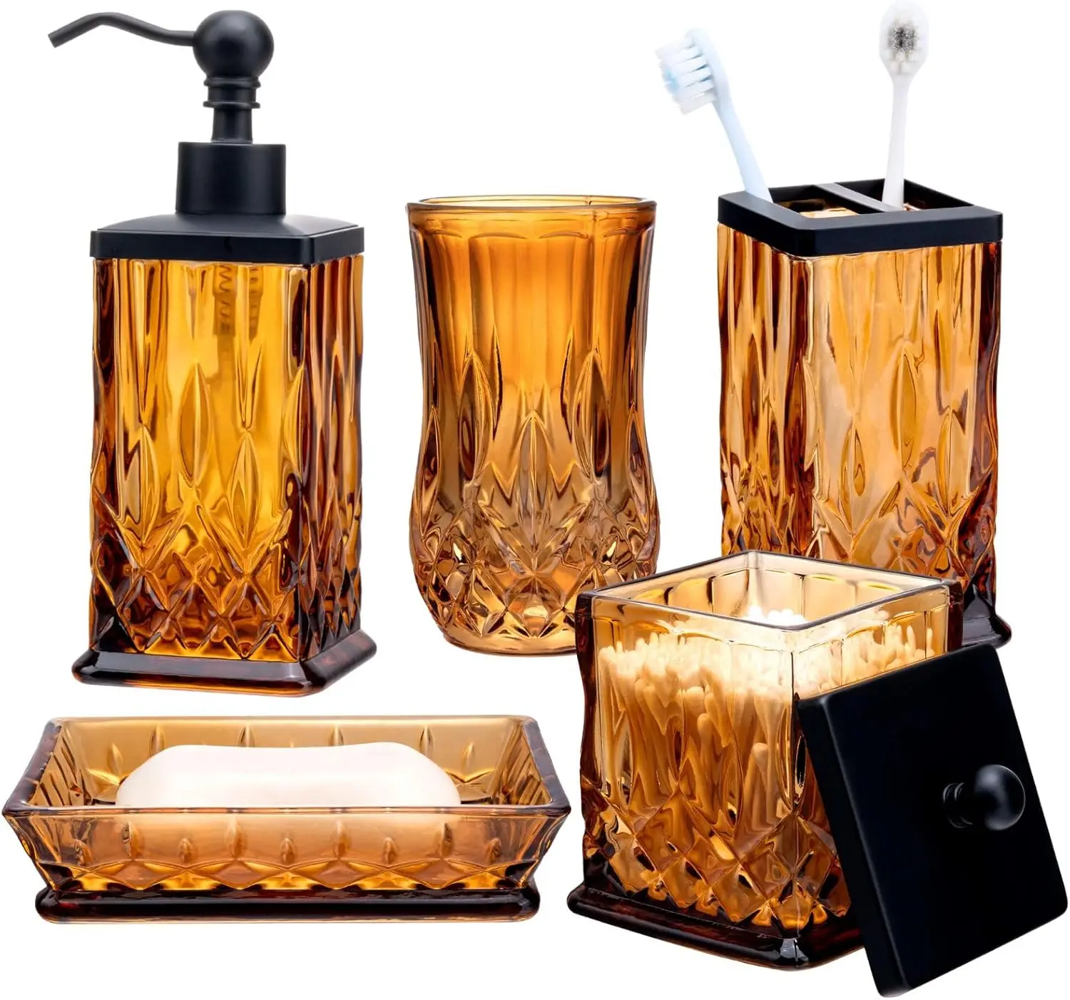 

Набор для ванной из 5 предметов из янтарного стекла: дозатор для мыла, подставка для зубных щеток, стакан, кружка и банка — современный декоративный подарок
