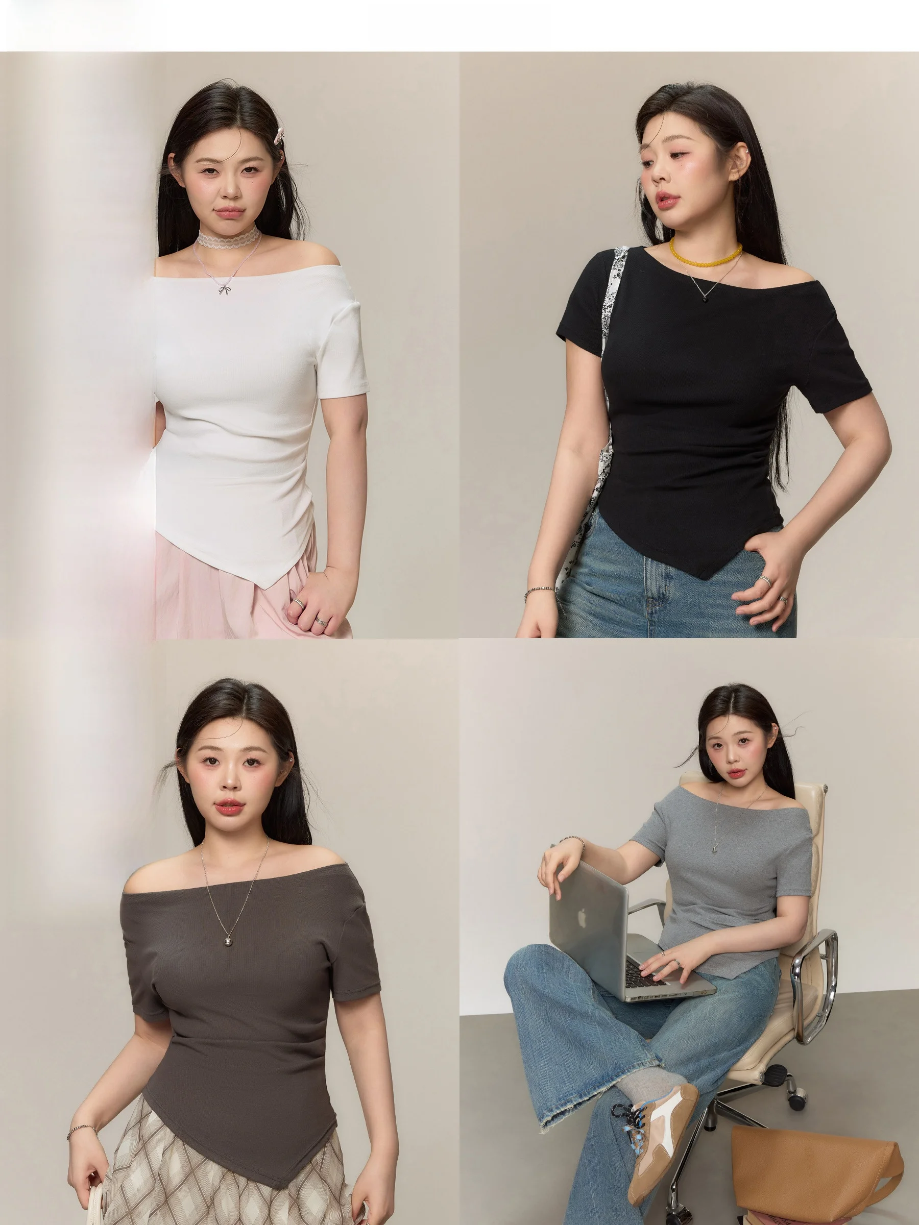 

Jululook Studio T20 ort Sve Асимметричная футболка с овальным плечом больших размеров из смеси хлопка Эластичный летний топ для полных женщин